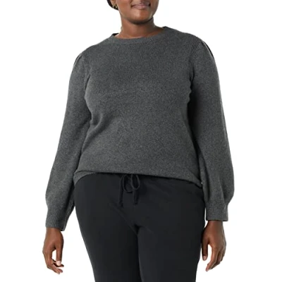 Afbeelding van Amazon Essentials Women&#039;s Zacht aanvoelende trui met ronde hals en plooien op de schouders, Houtskoolzwart, L