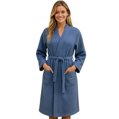 Afbeelding van Morgenstern badjas zomer dames katoen wafel ochtendjas kamerjas licht L blauw