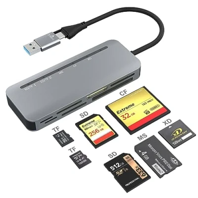 Afbeelding van USB C 3.0 multikaartlezer, SD/TF/Micro SD/CF/MS/XD 7 in 2 geheugenkaartlezer 5 Gbit/s, leest kaarten tegelijkertijd voor SDXC, SDHC, TF, Micro SD, CF MS MMC kaart, Sony Memory Stick Pro Duo