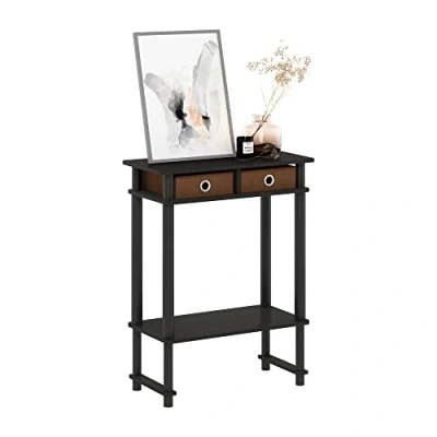 Afbeelding van Furinno Hoge brede consoletafel voor de gang met bak, bewerkt hout, espresso/bruin, 29,49 (D) x 59,79 (B) 77,8 (H) cm
