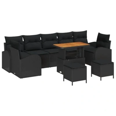 Afbeelding van vidaXL 10 delige Tuin Sofa Set met Kussens Zwart Poly Rattan Acaciahout, 2 zits Rattan, 3 Eetset Acaciahout