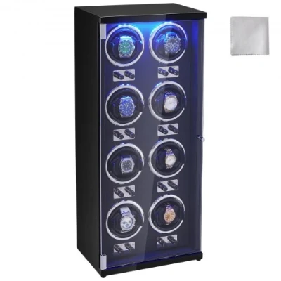 Afbeelding van VEVOR Horlogeopwinder voor 8 automatische horloges heren en dames met Japanse superstille motoren, blauw LED licht adapter, schaal hoge dichtheid, zwart PU