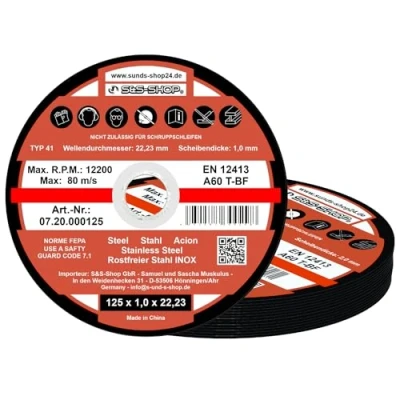 Afbeelding van Inox slijpschijven, 100 stuks, Ø 125 x 1,0 mm, voor metaal, staal, roestvrij haakse slijper, flexibele schijven, slijpschijven