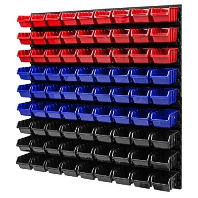 Afbeelding van Wandrek stapelboxen 772 x 780 mm 81 stuks boxen werkplaats opslagsysteem lade plank (rood/blauw/zwart)