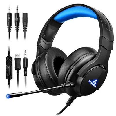 Afbeelding van Lycander LGH 568 Gaming Headset met Microfoon LED Light, 3.5 mm Ingang voor Pc, Ps4, Xbox One, Nintendo Switch en Meer, Zwart/Blauw