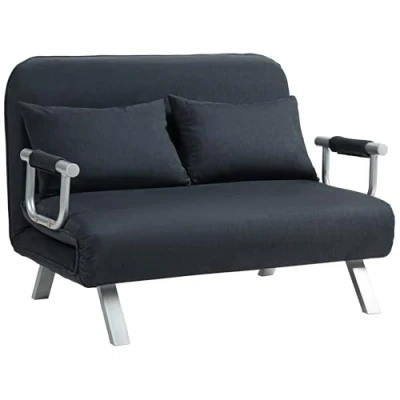 Afbeelding van HOMCOM Slaapbank, slaapbank met verstelbare rugleuning, sierkussen, 2 delige bank slaapfunctie, fluwelen look, armleuning, voor woonkamer, slaapkamer, zwart