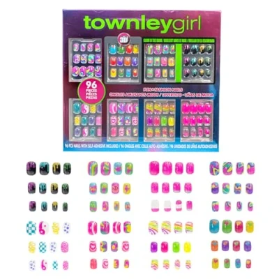 Afbeelding van Townley Girl 96 delige persnagels, inclusief 3D en Glow in Dark kunstmatige valse nagels voor kinderen met voorgelijmde acrylnageltip volledige dekking, ideaal geschenken, feesten