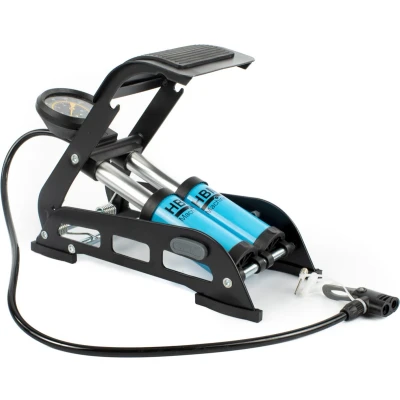 Afbeelding van HBM professionele voetpomp met dubbele cilinder en manometer 9 bar. Set 8 Bar