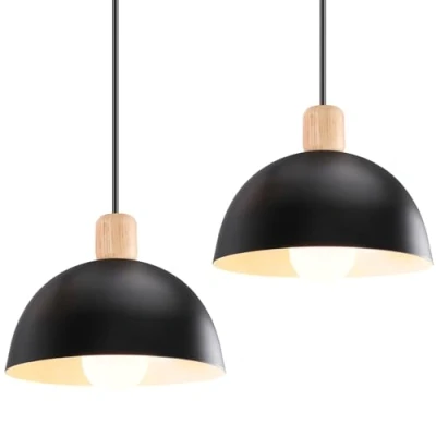 Afbeelding van iDEGU Kroonluchter, hanglamp, retro, moderne stijl, halve cirkel, plafondlamp, E27, van hout, metaal, hanglamp voor slaapkamer, eetkamer, keuken, 20 cm (2 stuks, zwart)