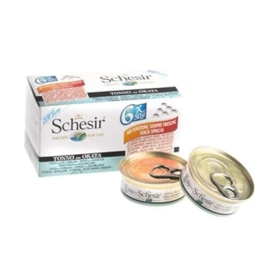 Afbeelding van Schesir Cat Jelly Tonijn met goudbrasem, nat kattenvoer in gelei, 8 x 6 blikjes 50 g
