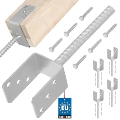Afbeelding van KOTARBAU® Set van 4 paaldragers om in beton te gieten, U 71 mm, thermisch verzinkt staal, betonanker voor houten palen, ribbelstaal, paalanker, bodemhuls, paalschoenen, hekpalen, hout