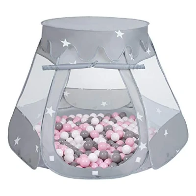 Afbeelding van SELONIS Baby speeltent met plastic ballen, tent 105 x 90 cm / 100 ballen voor kinderen, grijs: wit, grijs, mint