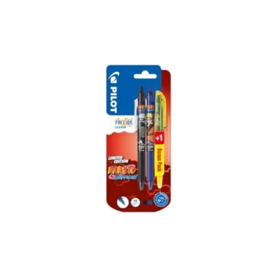 Afbeelding van PILOT FriXion Clicker 0.7 Naruto Shippuden Limited Edition uitwisbare, navulbare gelrollerball met thermogevoelige inkt, 2 pennen (zwart en blauw) + 1 Light (geel)