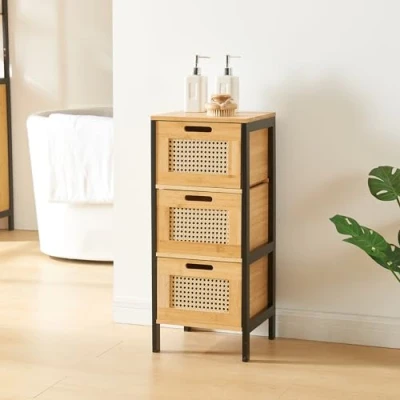 Afbeelding van [en.casa] Commode Tervola ladekast badkamerkast met 3 lades zwart naturel en rotan look 72x30x30 cm