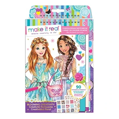 Afbeelding van Make It Real Modeontwerp schetsboek: Blooming Creativity, met sjablonen en stickers voor creativiteit Kunst knutselkleurblok kinderen Knutselen meisjes