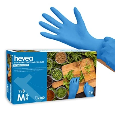 Afbeelding van Hevea Nitril wegwerphandschoenen. Poeder en latexvrij. 1 doos met 100 handschoenen. Maat: M (medium) Kleur: blauw