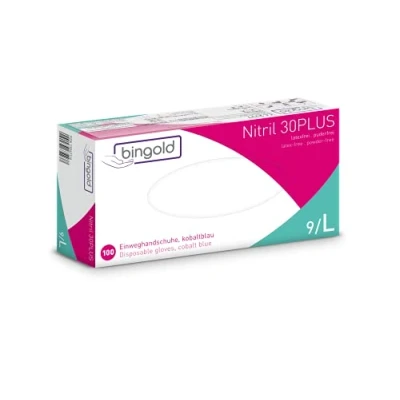 Afbeelding van Bingold Wegwerphandschoenen Nitril 30PLUS poedervrij, 100 paar, maat L, blauw