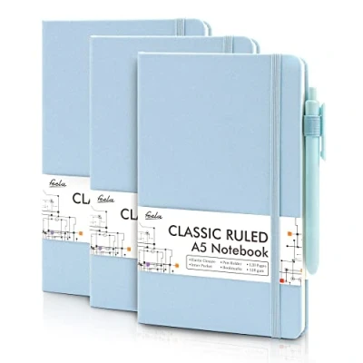 Afbeelding van Feela A5 notitieblokken, multipack, gelinieerd notitieblok, (120 g/m²), notitieboek met harde kaft en 3 zwarte gelpennen voor werk, studie, dagboek, notities, 128 pagina&#039;s/pak, 21 x 13 cm,