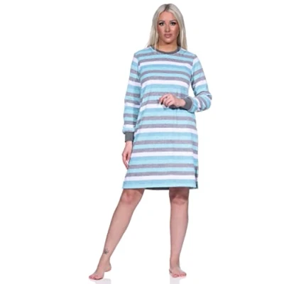 Afbeelding van Normann Badstof nachthemd voor dames, lange mouwen, met manchetten in blokstrepenlook, ook grote maten, turquoise, 44/46
