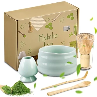 Afbeelding van BORDEAG matcha Theeset 5 delige set voor Japanse theeceremonie handgemaakt met schaal, garde, bezemhouder, pollepel, theelepel en geschenkdoos (groen)
