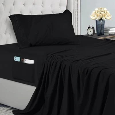 Afbeelding van Utopia Bedding 3 Delige Geborduurde Lakenset (Voor Bedmaat 90 x 190cm, Zwart) Geborsteld Microvezel Polyester,1 Vlakke Laken, 1 Hoeslaken met Kussensloop 50 75 cm