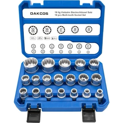Afbeelding van DAKCOS 19 delige 1/2&quot; XZN multi tand Dopsleutelset 8 32mm doppendoos Dopsleutels voor 6/12 kant spline