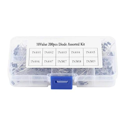 Afbeelding van Elektronische diodes, 200 stuks 10 waarden gelijkrichterdiode assortimentkit, laag vermogensverlies, hoge efficiëntie met doos (1N4001 1N4007 1N5817 1N5819)