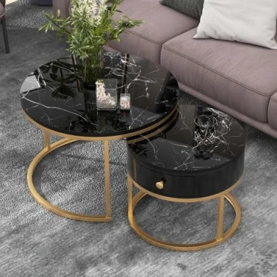 Afbeelding van SogesHome set van 2 moderne bijzettafels, nesting, salontafel, hoogglanzend marmerpatroon, 2, ronde salontafels, bijzettafel, bijzettafel met lade