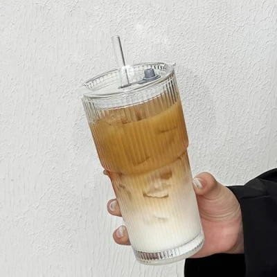 Afbeelding van glazen beker met deksel en rietje, 600 ml drinkbeker, koffieglazen, bierglazen, reismok, smoothiebeker, lekvrij design, voor koffie, cocktails, thee, 1 stuk
