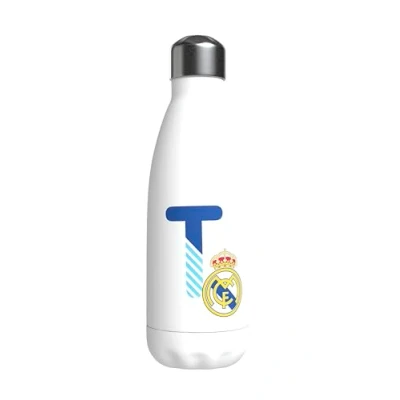 Afbeelding van Real Madrid roestvrijstalen waterfles, hermetische sluiting, met letter T ontwerp in blauw, 550 ml, witte kleur, officieel product (CyP Brands)