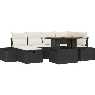 Afbeelding van vidaXL 7 delige Tuinbank Set met Kussens Zwart Poly Rattan