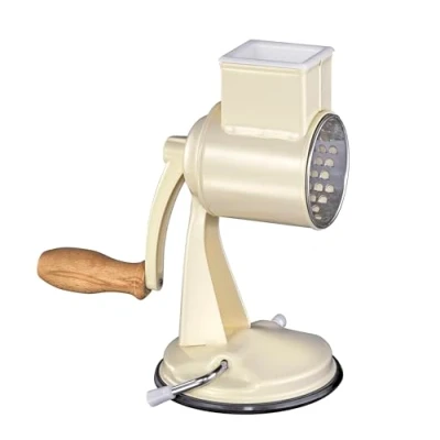 Afbeelding van Zassenhaus CLASSIC trommelrasp handmatig, gelakt metaal, beukenhout, roestvrij staal, zuigvoet, 2 wrijvingstrommels en stamper, te gebruiken als groentesnijder, kaasrasp schaaf, crème