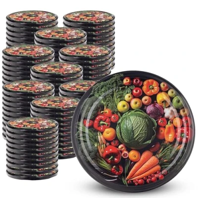 Afbeelding van KADAX Schroefdeksel met diameter van 82 mm, metalen twist off deksel, reservedeksel voor inmaakpotten en weckpotten, deksel 6 inkepingen (kleurrijke groenten, 100 stuks)