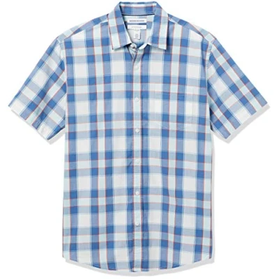 Afbeelding van Amazon Essentials Men&#039;s Poplin overhemd met normale pasvorm en korte mouwen, Blauw Geruit, XXL