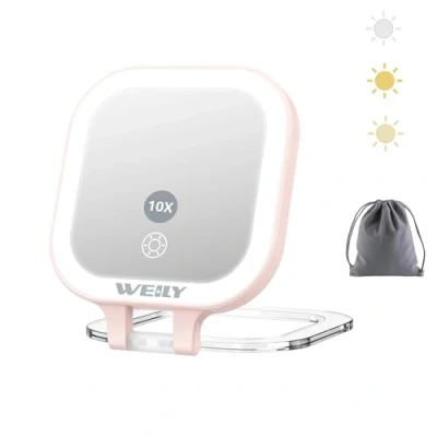 Afbeelding van WEILY Zakspiegel met verlichting, 1X/10X vergroting, dubbelzijdige reisspiegel, make upspiegel 3 kleurlichten, USB oplaadbaar, draagbare handspiegel voor up (roze)