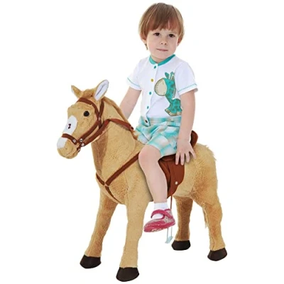 Afbeelding van HOMCOM Rijpaard speelpaard pluche paard voor kinderen staand met geluid zitting h 48 cm 330 043