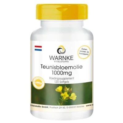 Afbeelding van teunisbloemolie met 1000mg waarvan 650mg linolzuur en 10mg vitamine E 120 softgels Duitse apothekerskwaliteit hoge dosering veganistisch Warnke Vitalstoffe