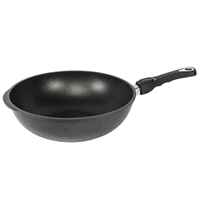 Afbeelding van AMT Gastroguss Wok 32 cm Ø, 10 hoog, wokpan, geschikt voor inductie, afneembare steel, Lotan® antiaanbakafwerking, gietijzeren pan (gegoten aluminium), AMZN I 1032S Z20B