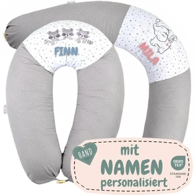 Afbeelding van sei Design XXL borstvoedingskussen, zijslaapkussen, gepersonaliseerd met naam en geboortedatum: gepersonaliseerde cadeaus voor geboorte, babycadeau jongens meisjes, zwangerschapskussen
