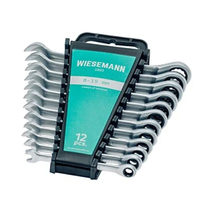 Afbeelding van Ratelsleutelset 12 delig. 8 19 mm met 72 tanden van WIESEMANN 1893 I ratelringsleutel Q 30 verchroomd staal houder 81567