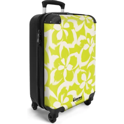 Afbeelding van NoBoringSuitcases.com® Handbagage koffer lichtgewicht Reiskoffer trolley Geel met witte bloemen Rolkoffer wieltjes Past binnen 55x40x20 en 55x35x25
