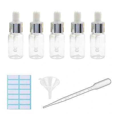 Afbeelding van 5 stuks transparante druppelflesjes 10 ml plastic oogdruppelflesjes voor etherische olie pipet navulbaar met gemeten pipet, trechter en etiketten (wit + zilveren dop)