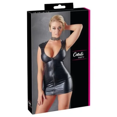 Afbeelding van Cottelli Collection Wetlook Mini Jurk met Lage Halslijn en Tweeweg Rits die Wacht om Geopend te Worden Maat L Zwart
