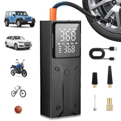 Afbeelding van Gerbala Draagbare elektronische luchtpomp, 6000 mAh, 150 psi elektrische fietspomp met digitaal display en ledlicht, accucompressor, luchtpomp voor voertuigen, fietsen, ballen meer