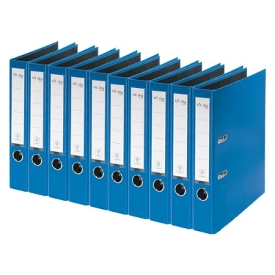 Afbeelding van VON Leitz Ordner A4, verpakking van 10 stuks, karton met kunststof omslag, 50 mm rugbreedte, voor 350 vellen, blauwe engel en FSC gecertificeerd, school, studie thuis, blauw, 10560035