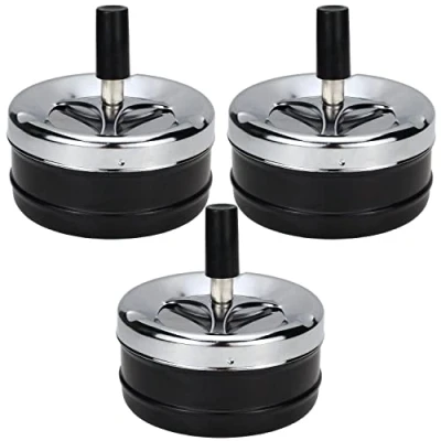 Afbeelding van ZDNT 3 stuks asbak ronde push down sigaret met lade draaiende asloze moderne roterende metalen groot voor buiten thuis bar kantoor, zwart