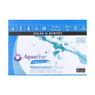 Afbeelding van Daler Rowney Aquafine gladde, warmgeperste aquarel en gouache 300 g/m² A4 papierblok, 1 zijde gelijmd, natuurlijk wit, 12 vellen, ideaal voor professionele beginnende kunstenaars studenten,