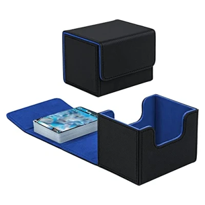 Afbeelding van Tolesum Card Deck Box voor MTG, Gathering kaartenbox 100+ ongestikte kaarten, PU leer, sterke magnetische verzamelkaarten, compatibel met Magic Commander TCG kaarten (horizontaal zwart en blauw)