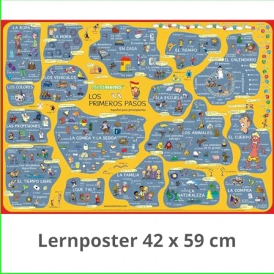 Afbeelding van mindmemo Lernposter Los primeros pasos Spanisch für Anfänger spielend lernen Kinder: Vokabeln mit Bildern Lernhilfe Poster DIN A2 42x59 cm PremiumEdition in Transportrolle
