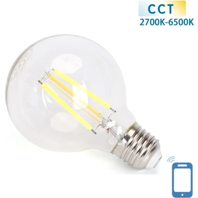 Afbeelding van Globe E27 gloeilamp 6W WiFi CCT 2700K 6500K G80 warmwit daglichtwit LED 850 Lumen helder glas 230 Volt